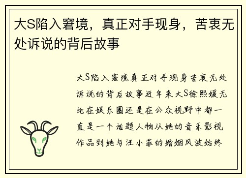 大S陷入窘境，真正对手现身，苦衷无处诉说的背后故事