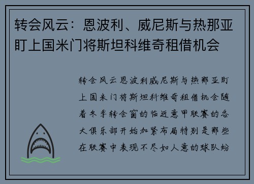 转会风云：恩波利、威尼斯与热那亚盯上国米门将斯坦科维奇租借机会