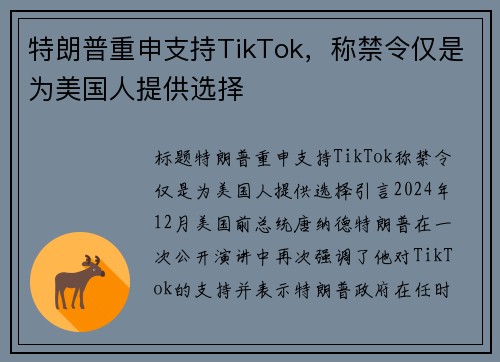 特朗普重申支持TikTok，称禁令仅是为美国人提供选择