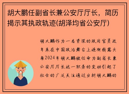 胡大鹏任副省长兼公安厅厅长，简历揭示其执政轨迹(胡泽均省公安厅)