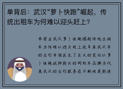 单背后：武汉“萝卜快跑”崛起，传统出租车为何难以迎头赶上？