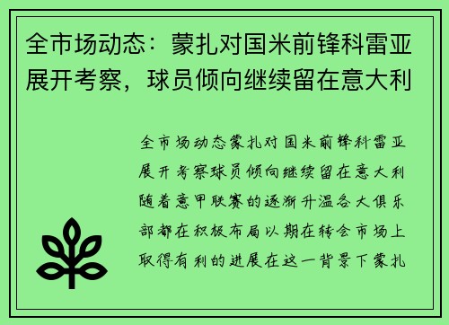全市场动态：蒙扎对国米前锋科雷亚展开考察，球员倾向继续留在意大利