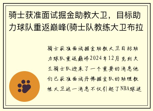 骑士获准面试掘金助教大卫，目标助力球队重返巅峰(骑士队教练大卫布拉切)